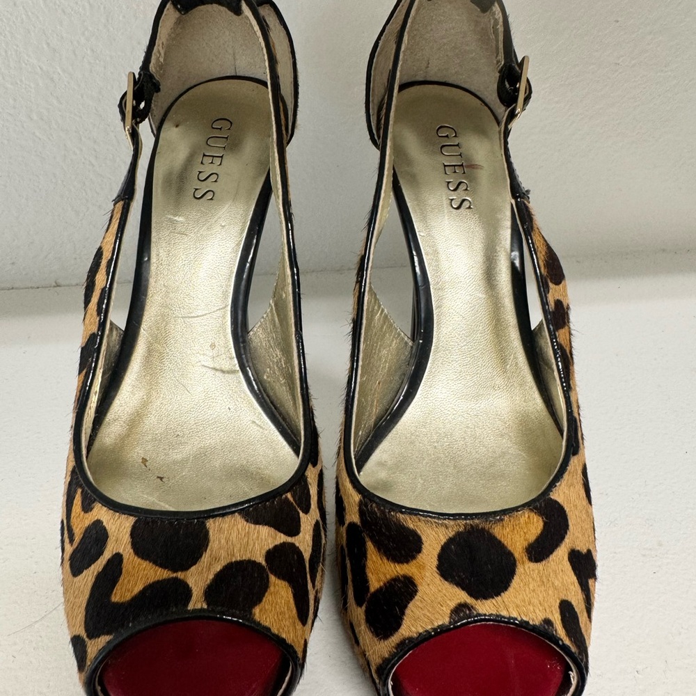 GUESS Leopard Print Slingback Heels with Red Peep-Toe